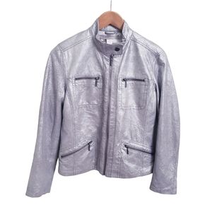 Chico’s Metallic Silver Leather Motto Full Zip Motorcycle Jacket, Chico's Size 0